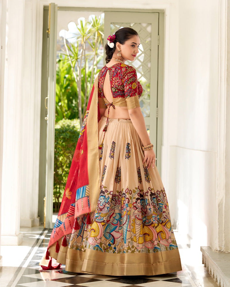 Exclusive Designer Cream Color Kalamkari Printed Dola Silk Lehenga Choli