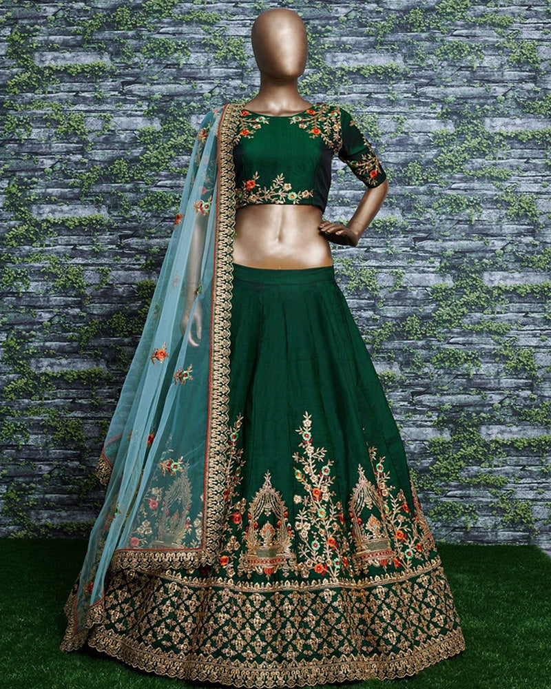 Dark Green Embroidery Taffeta Satin Silk Lehenga Choli