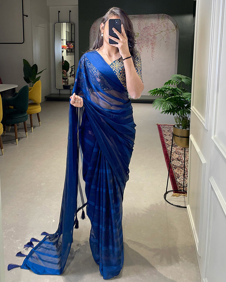 Navy Blue Color Satin Silk With Zari Patta Party Wear Saree