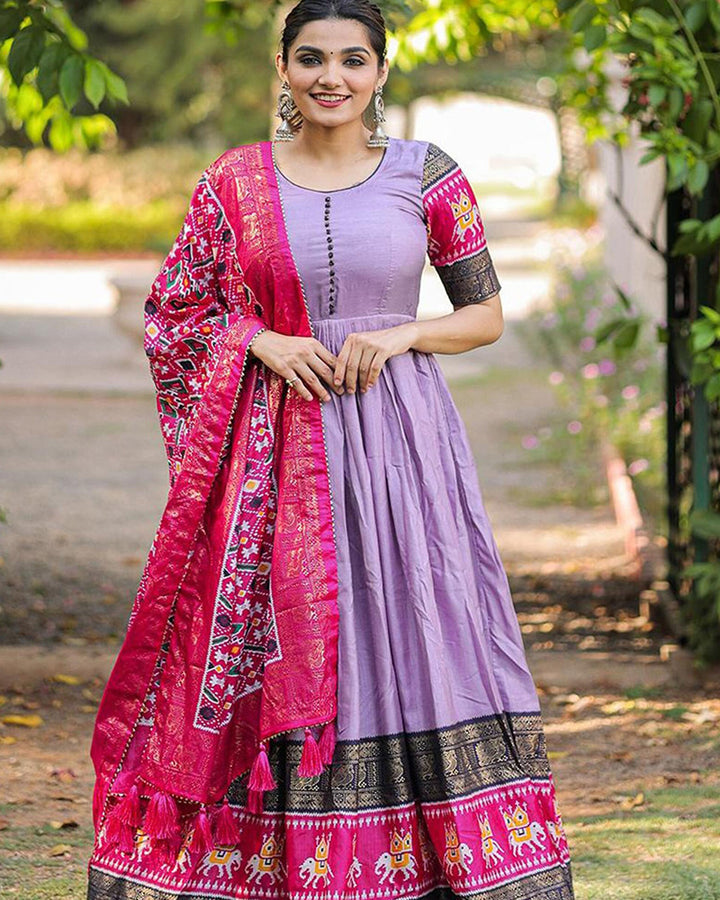 Lavender Color Designer Patola With Foil Print Dola Silk Gown