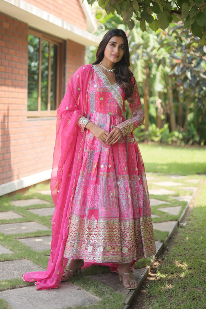 Pink Color Russian Silk Fully Stitched Gown With Dupatta