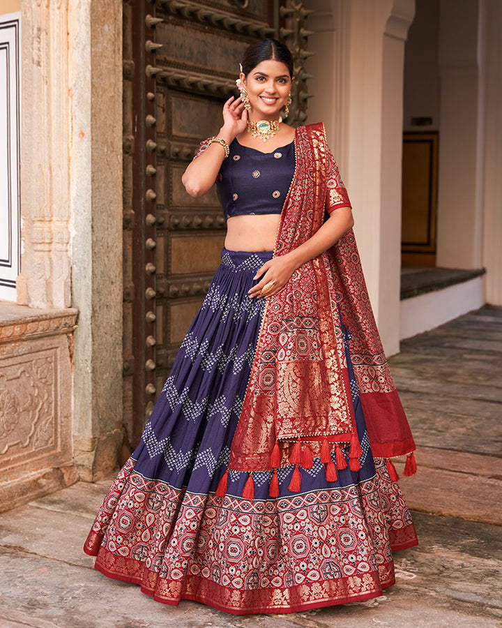 Navy Blue Color Ajarakh Printed Silk Designer Lehenga Choli