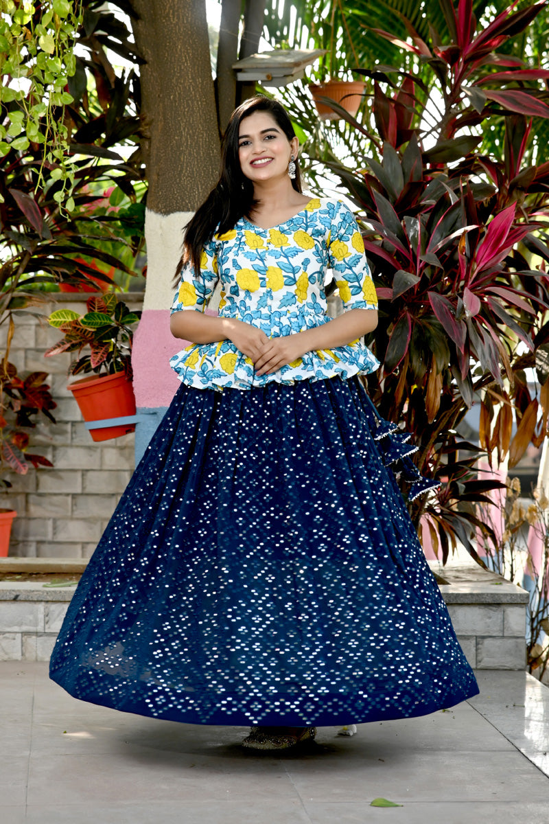 Designer Yellow And Sky Blue Color Faux Blooming Lehenga Choli