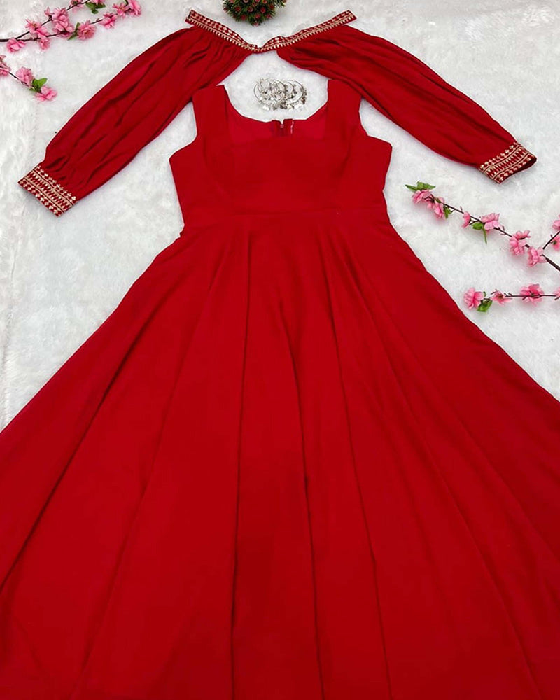 Red Detachable Sleeves Georgette Anarkali Suit Gown