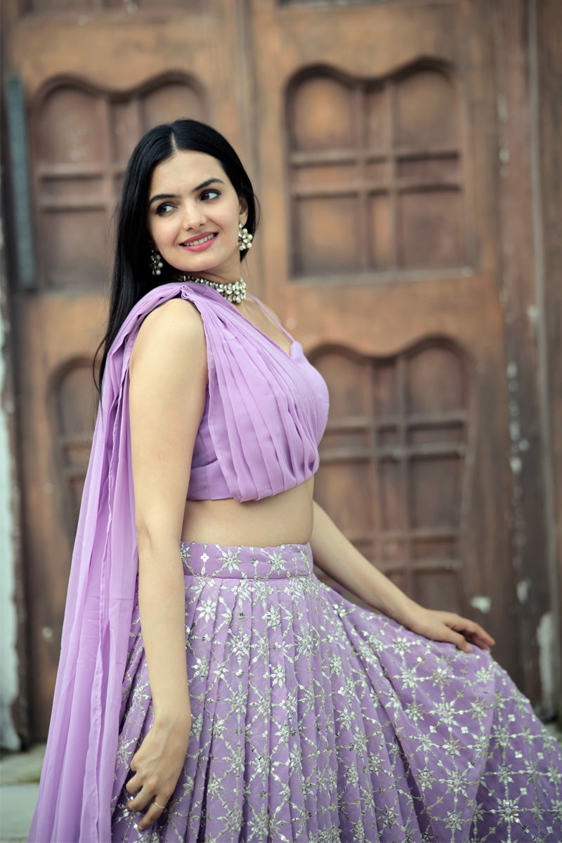 Lavender Color Faux Georgette Ready To Wear Crop Top Lehenga Choli