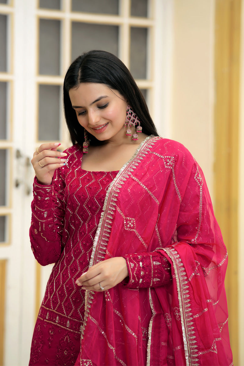 Pink Color Zigzag Line Faux Georgette Three Piece Sharara Suit