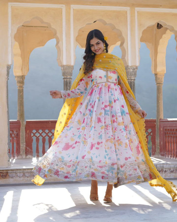 White Color Russian Silk Gown With Designer Dupatta