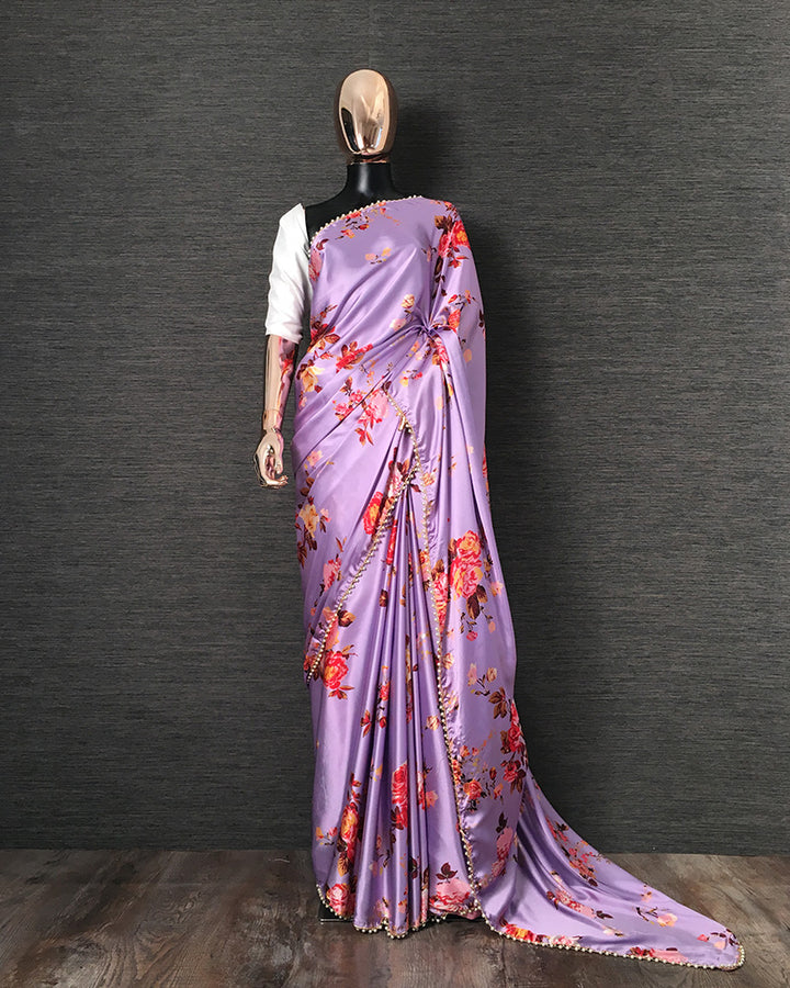 Lavender Color Printed Japan Satin Saree With Pearl Lace Border