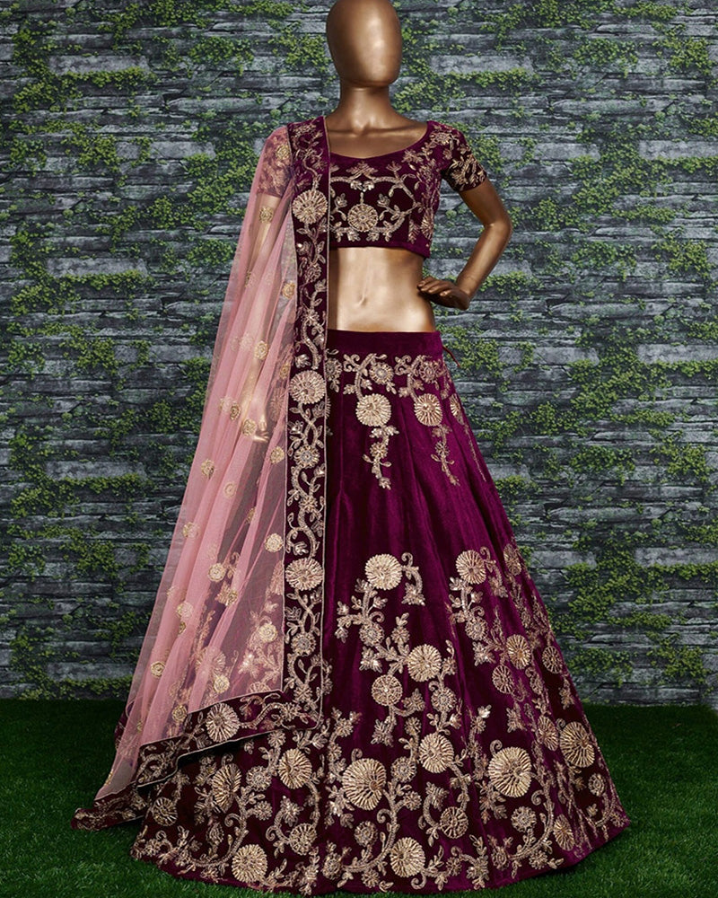 Purple Silk Velvet Designer Lehenga Choli