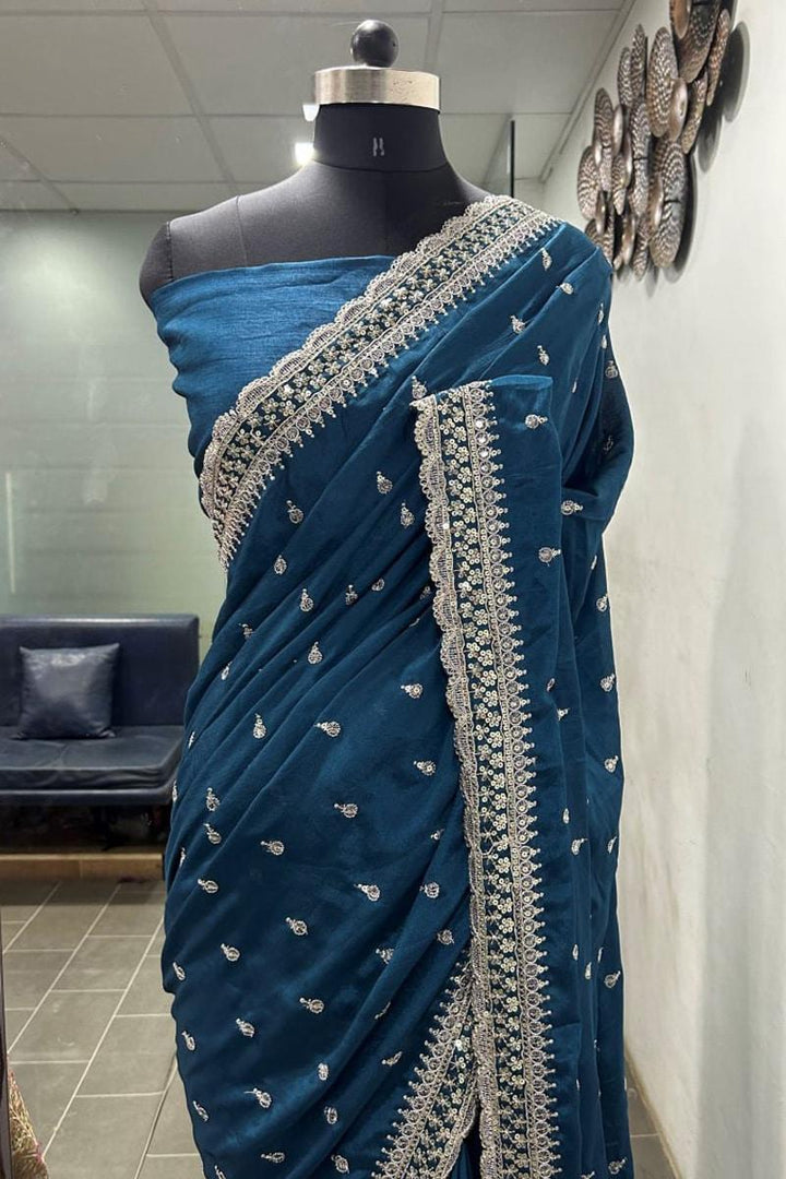 Blue Color Zari Sequence Chinon Chiffon  Saree