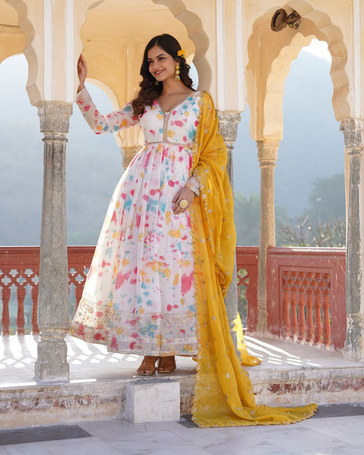 White Color Russian Silk Gown With Designer Dupatta