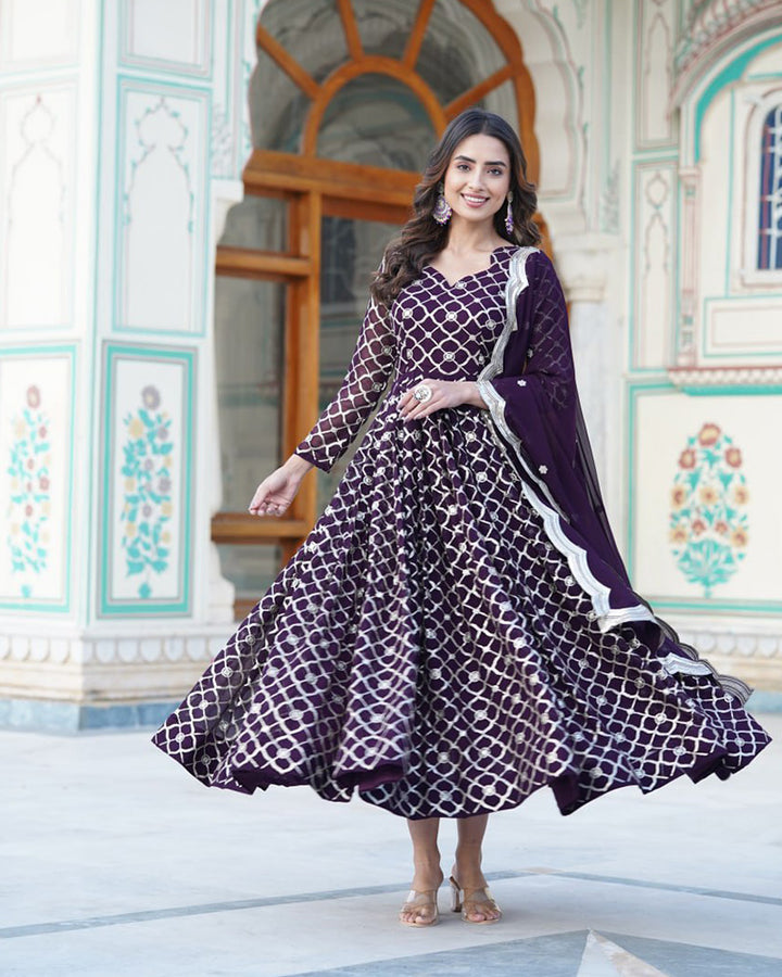 Beautiful Wine Color Embroidery Anarkali Gown With Dupatta