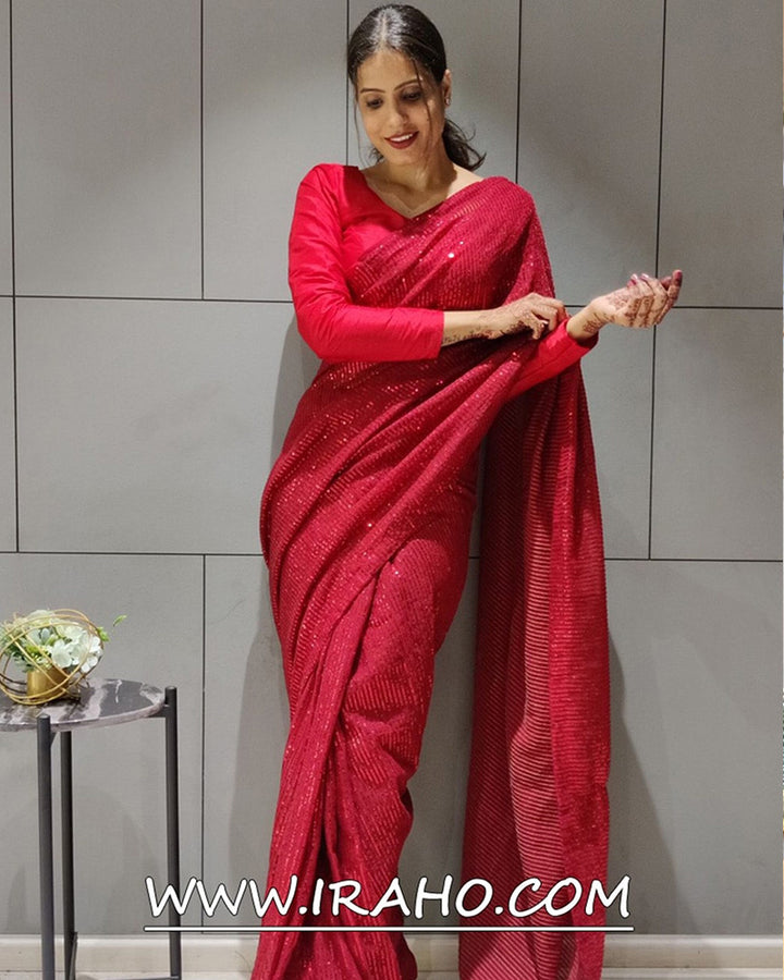 Red Georgette Sequence Work Ready To Wear Saree