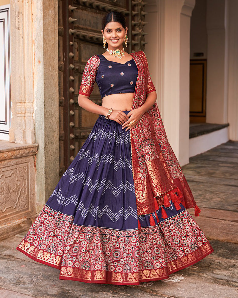 Navy Blue Color Ajarakh Printed Silk Designer Lehenga Choli