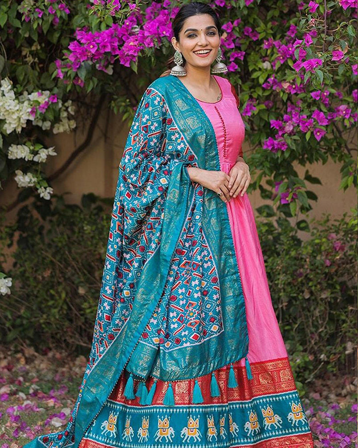 Pink Color Designer Patola With Foil Print Dola Silk Gown