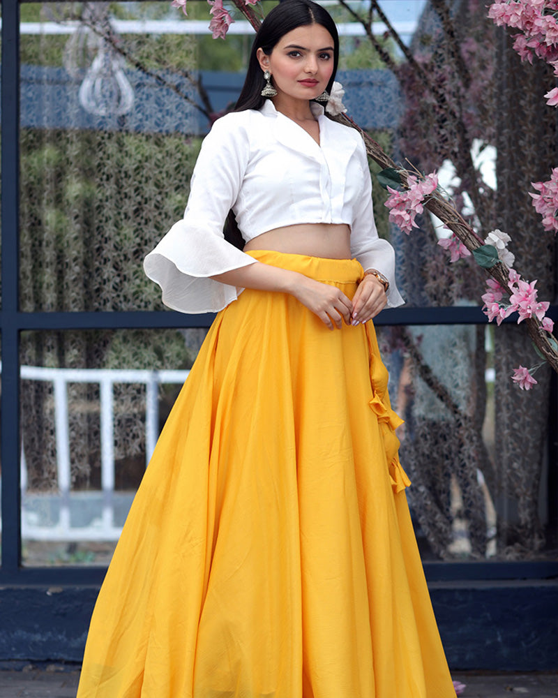 Yellow Color Fully Stitched Chinnon Crop Top Lehenga With Phantom Silk Designer Blouse