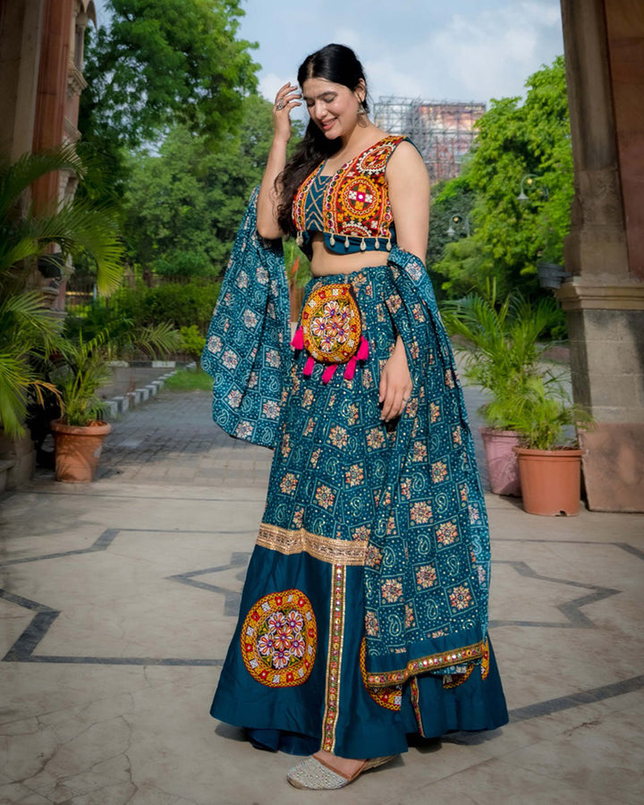 Teal Green Color Rayon Gamthi Work Navratri Lehenga Choli