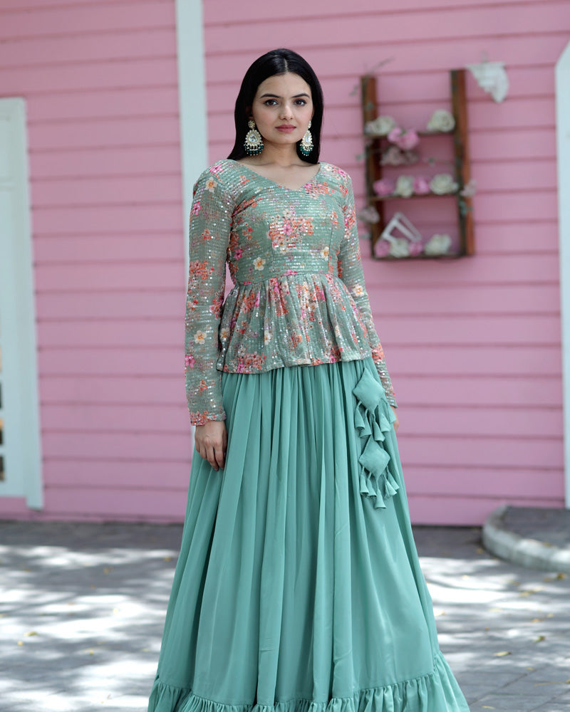 Floral Pista Green Color Faux Georgette Sequence Lehenga Choli