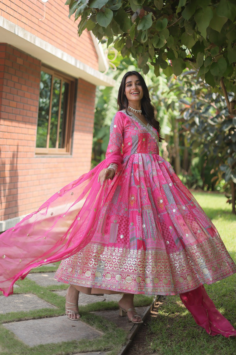 Pink Color Russian Silk Fully Stitched Gown With Dupatta