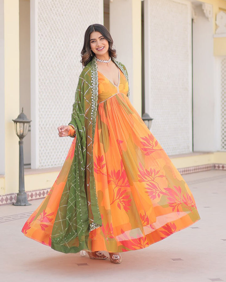 Mehndi-Yellow Color Russian Silk Gown With Designer Dupatta