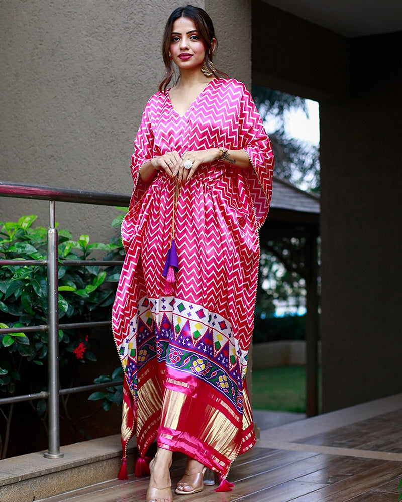 Pink & White Color Beautiful Pure Gaji Silk Kaftan