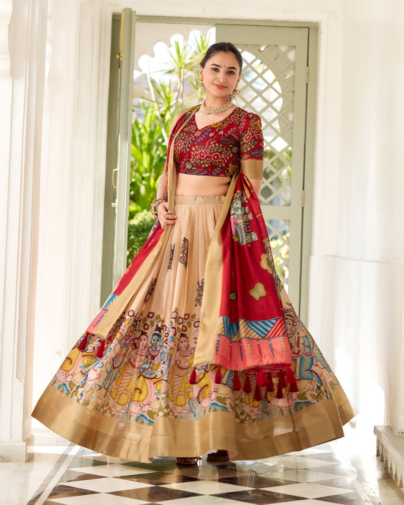 Exclusive Designer Cream Color Kalamkari Printed Dola Silk Lehenga Choli