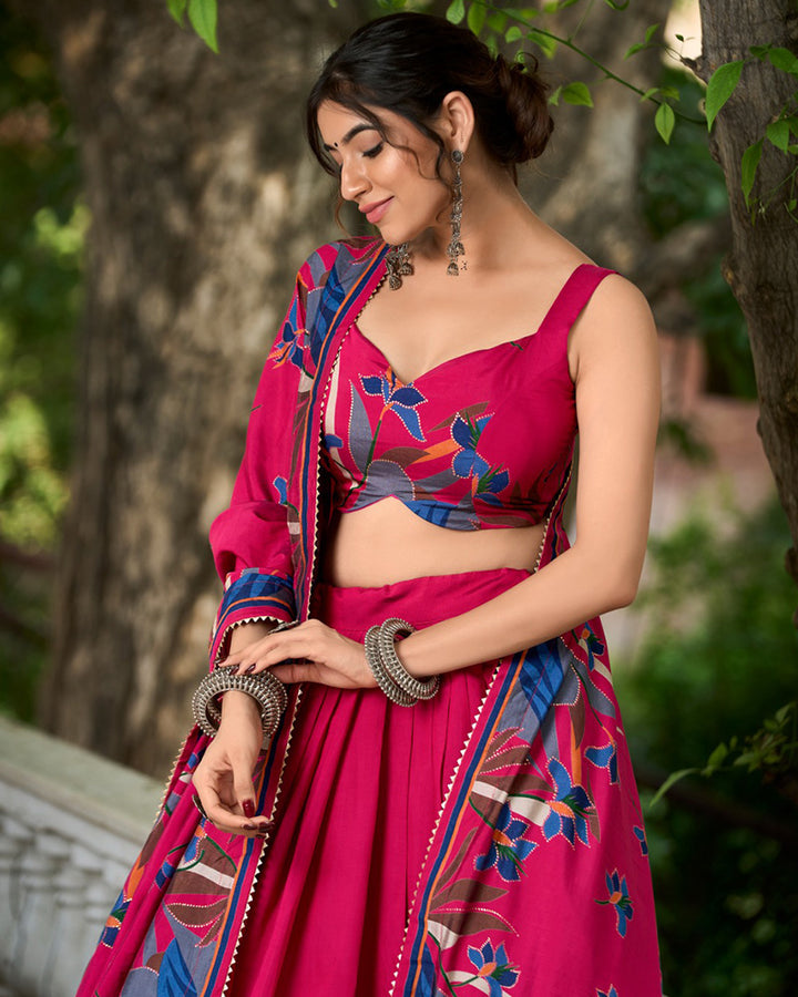 Rani Pink Chanderi Floral Printed lehenga Choli