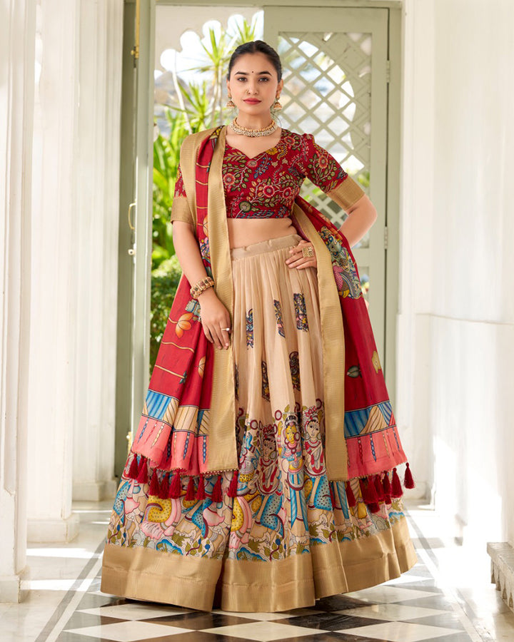 Exclusive Designer Cream Color Kalamkari Printed Dola Silk Lehenga Choli