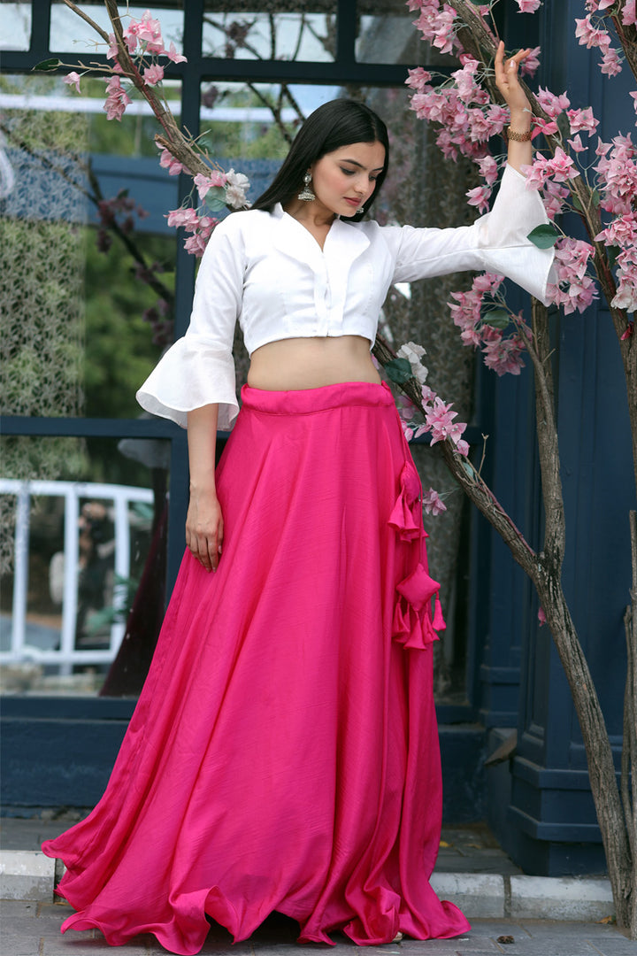 Pink Color Fully Stitched Chinnon Crop Top Lehenga With Phantom Silk Designer Blouse