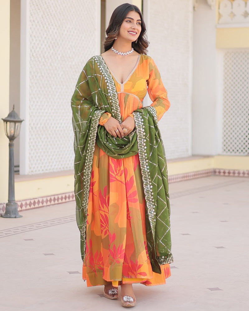 Mehndi-Yellow Color Russian Silk Gown With Designer Dupatta