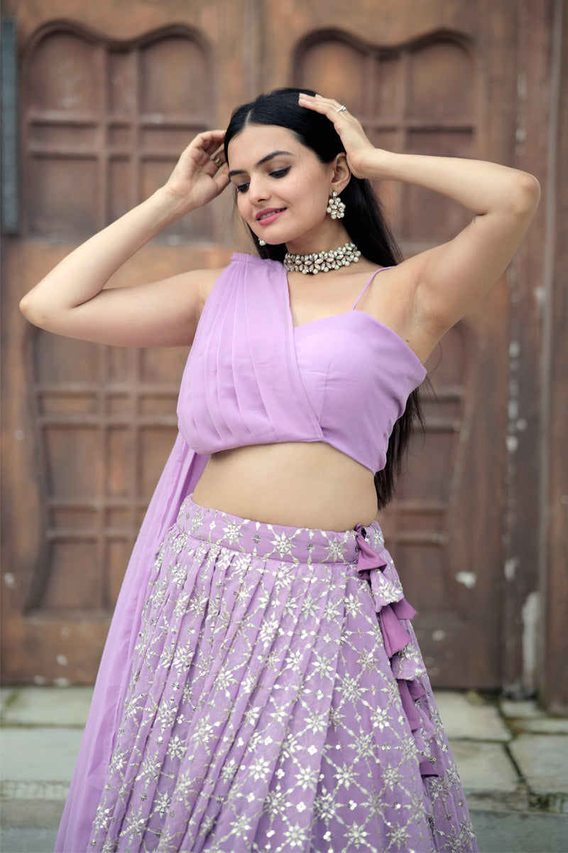 Lavender Color Faux Georgette Ready To Wear Crop Top Lehenga Choli