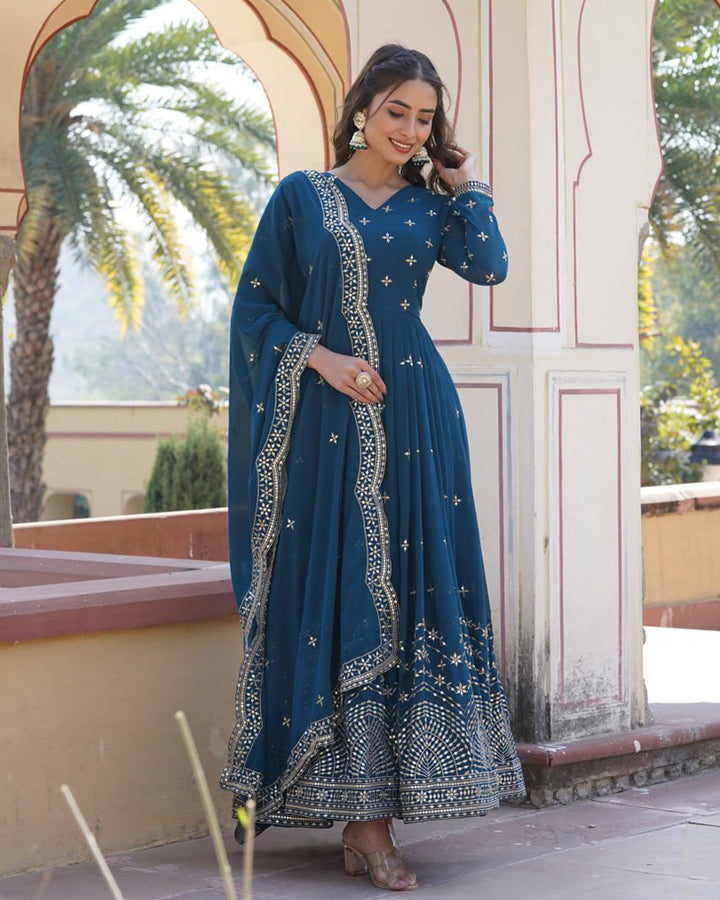 Beautiful Rama Color Georgette Gown With Sequence Embroidery Dupatta