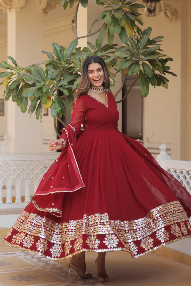 Maroon Faux Blooming Gown With Dupatta With Attractive Embroidery Sequence Work