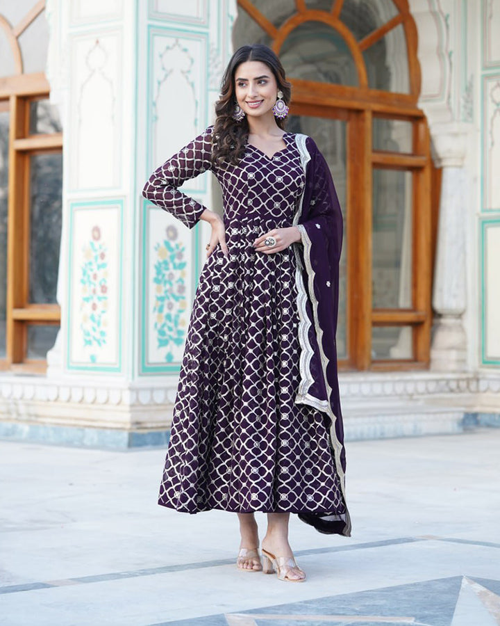 Beautiful Wine Color Embroidery Anarkali Gown With Dupatta