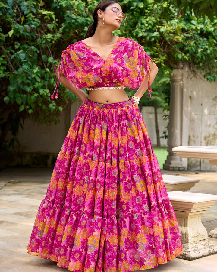 Pink Color Chiffon Floral Printed Lehenga Choli