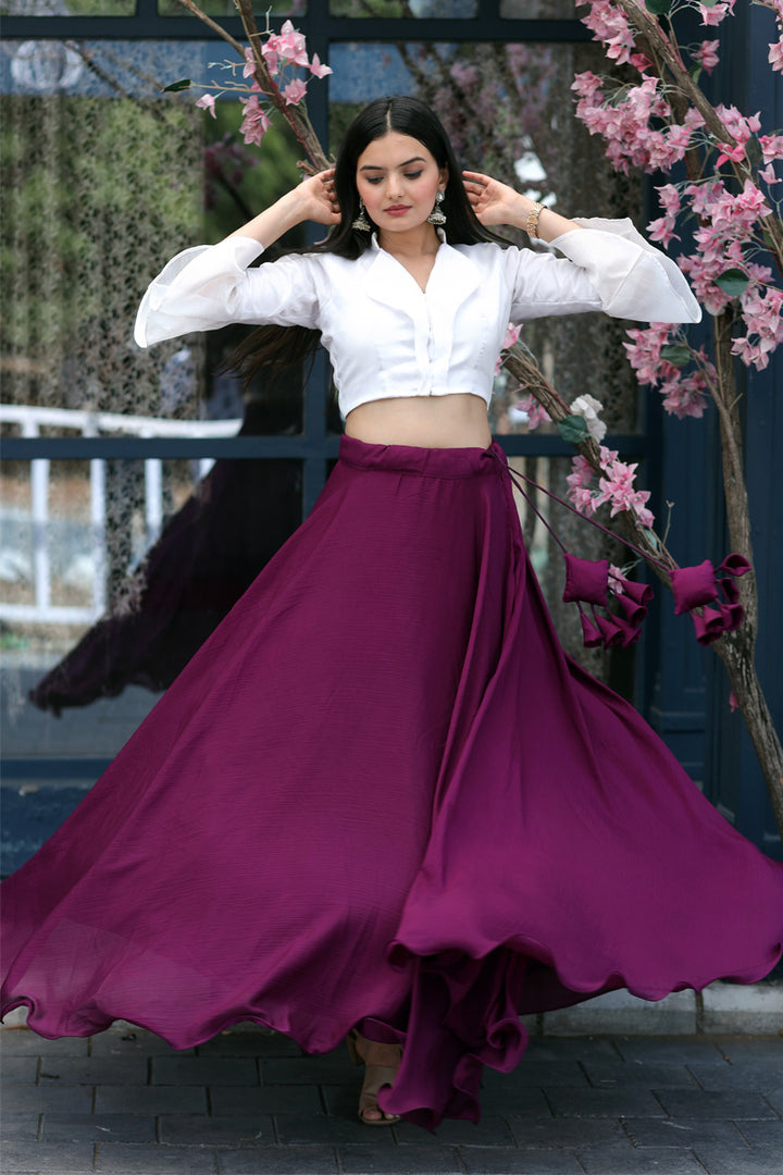 Wine Color Fully Stitched Chinnon Crop Top Lehenga With Phantom Silk Designer Blouse