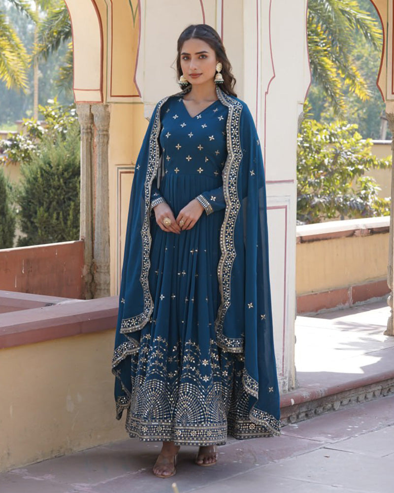 Beautiful Rama Color Georgette Gown With Sequence Embroidery Dupatta