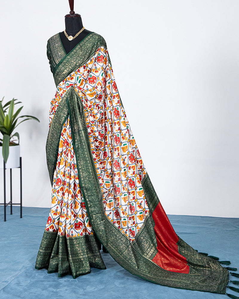 Green Black Color Patola Print With Foil Work Dola Silk Saree