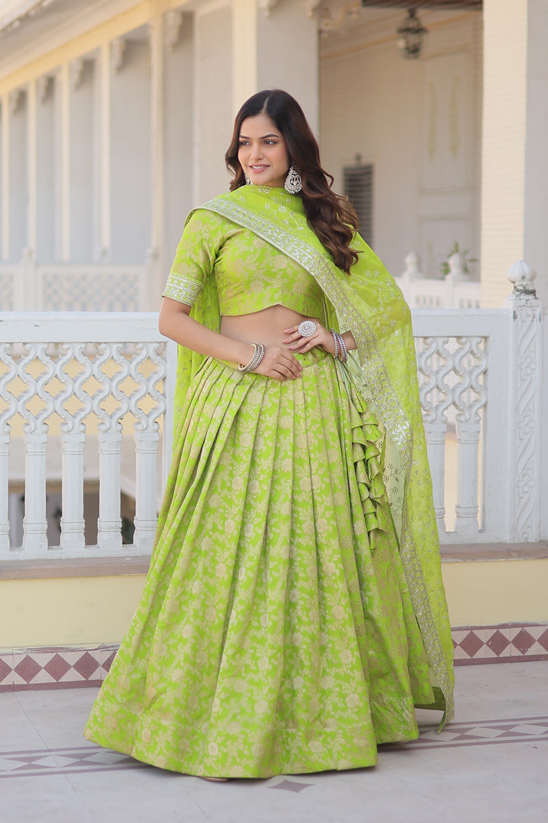 Pista Color Dyable Viscose Jacquard With Embroidered Lehenga Choli