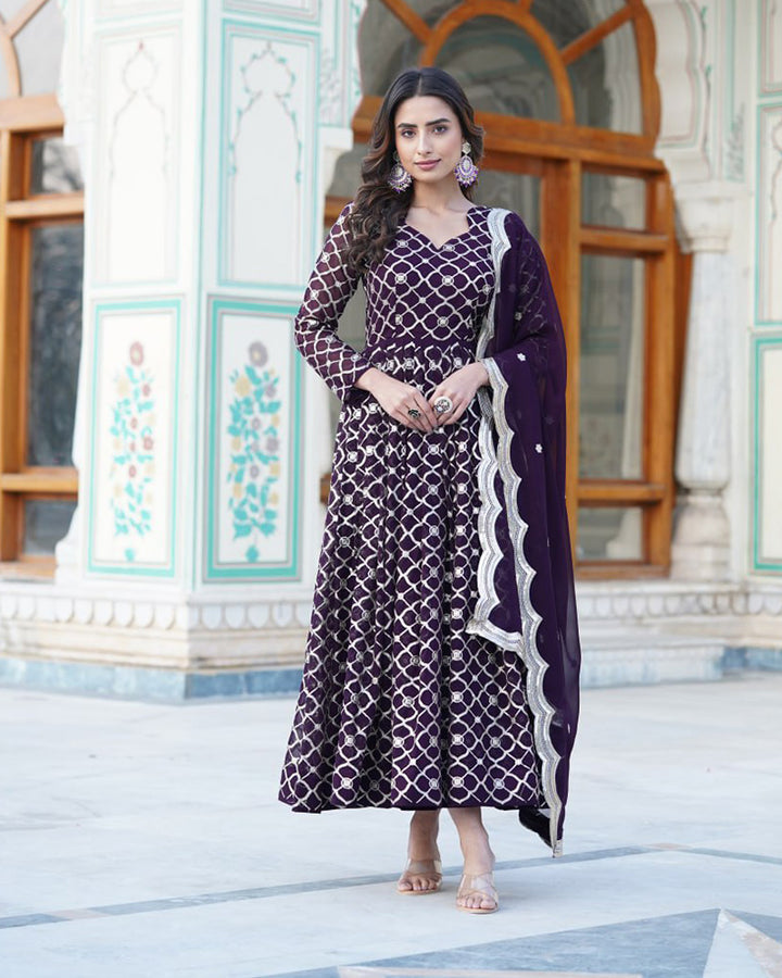 Beautiful Wine Color Embroidery Anarkali Gown With Dupatta