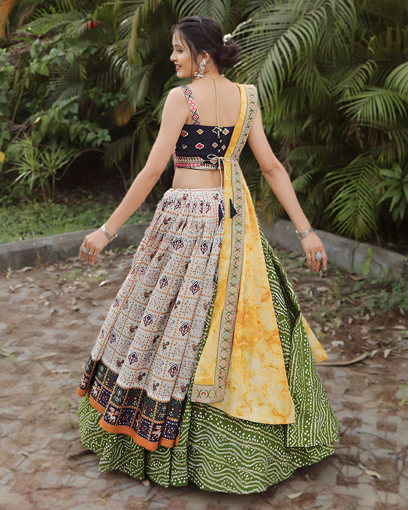 Off White-Mehndi Color Cotton Digital Print Wedding Lehenga Choli