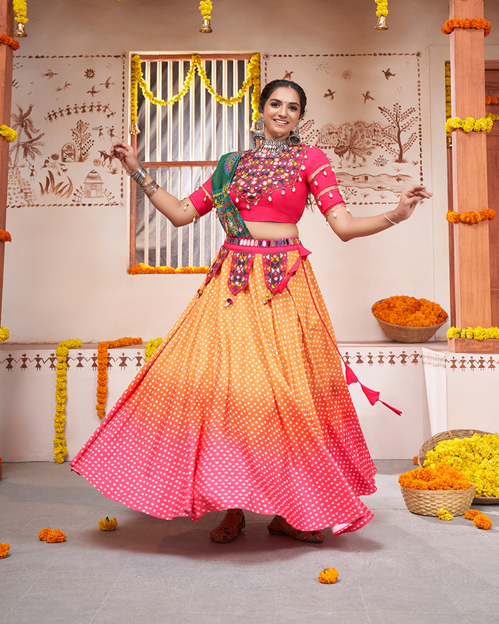 Yellow Pink Color Rayon Real Mirror Navratri Lehenga Choli With Cotton Dupatta