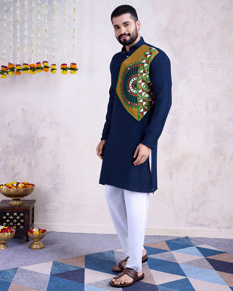 Navy Blue Color Rayon Embroidered Men's Kurta