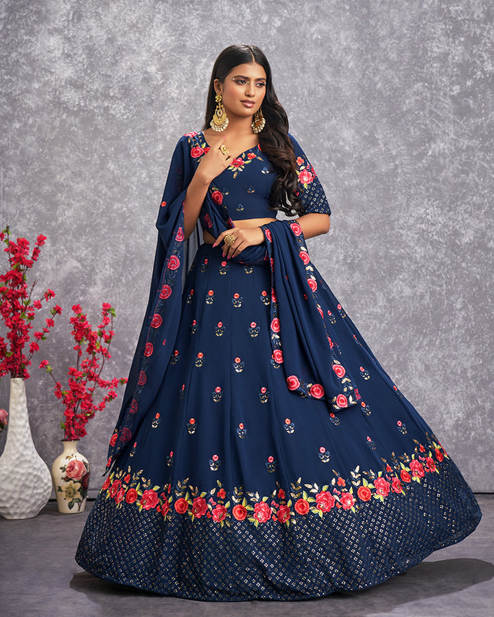 Teel Blue Color Thread And Embroidered Georgette Lehenga Choli