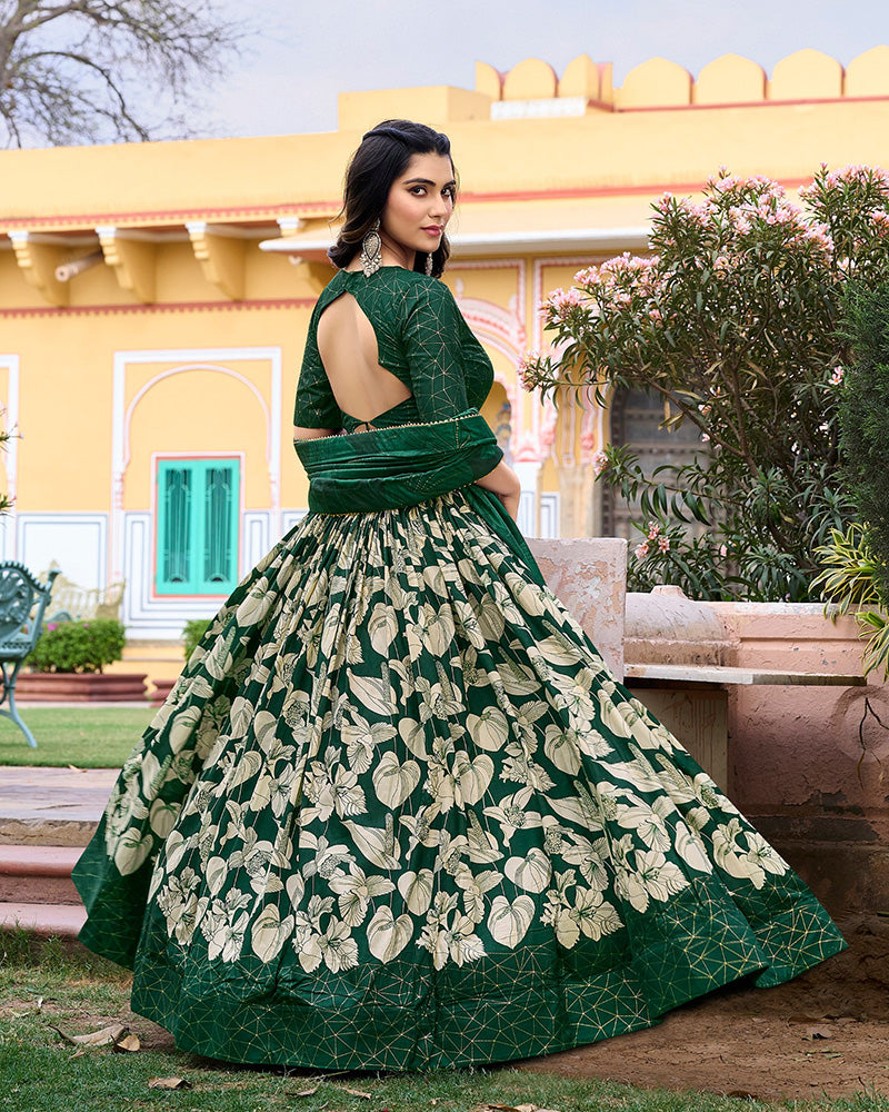 Green Color Floral And Foil Print Tussar Silk Lehenga Choli