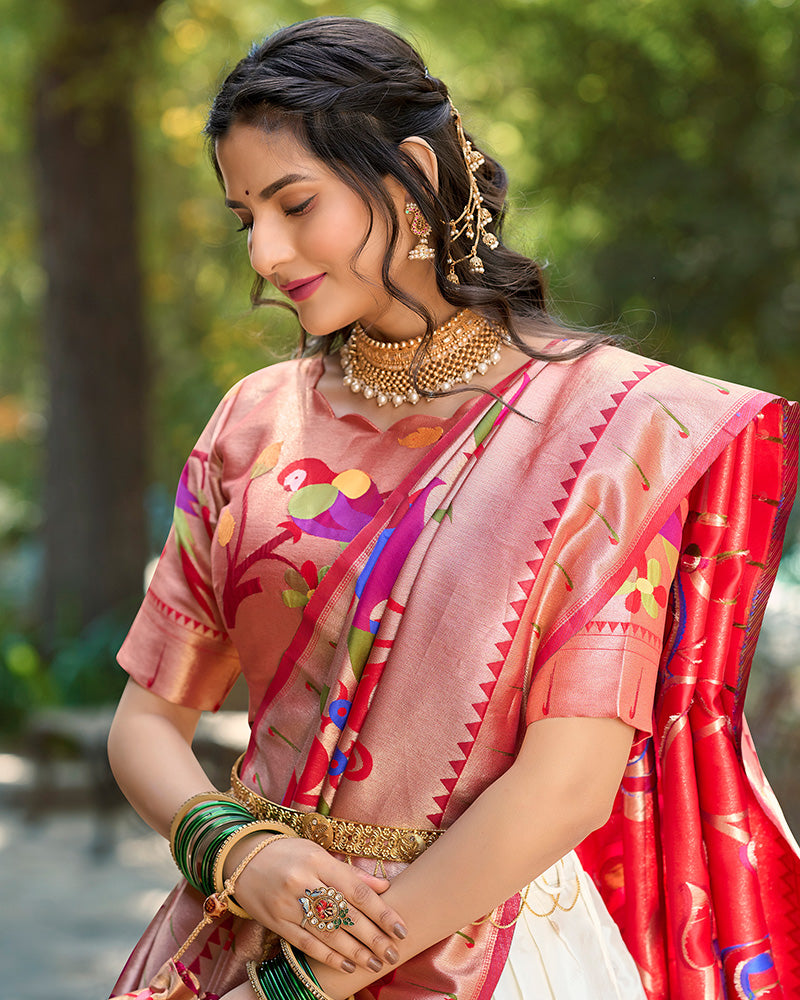 White Color Jacquard Paithani Silk Lehenga Choli