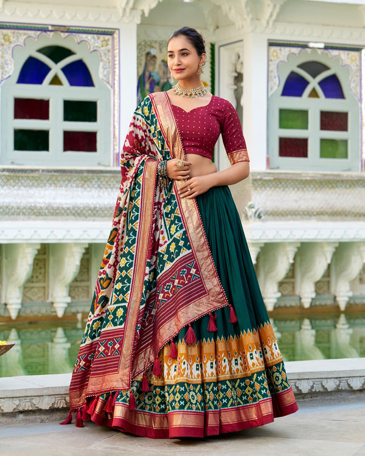 Patola Printed Green Color Tussar Silk Lehenga Choli