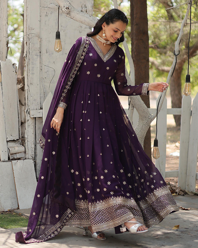 Purple Color Georgette Gown With Embroidered Dupatta