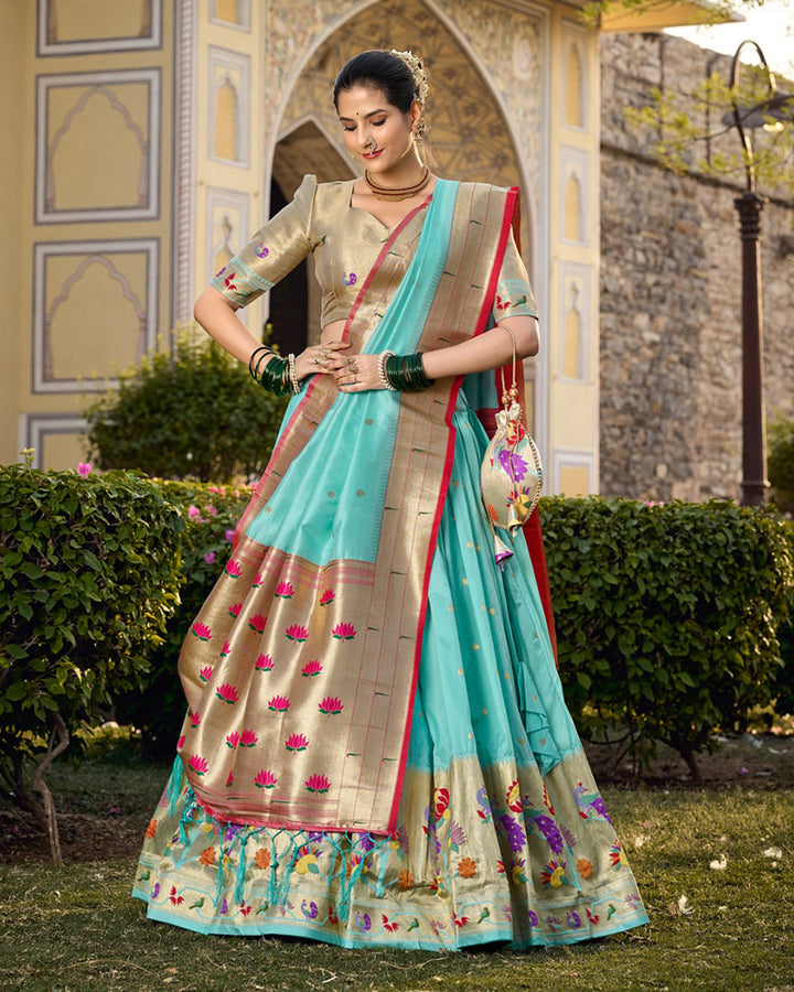 Designer Sky Blue Color Jacquard Paithani Lehenga Choli