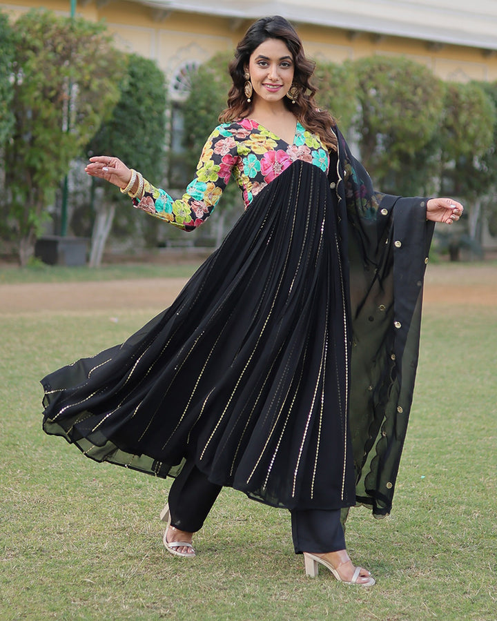 Beautiful Black Color Alia Cut Three Piece Anarkali Suit